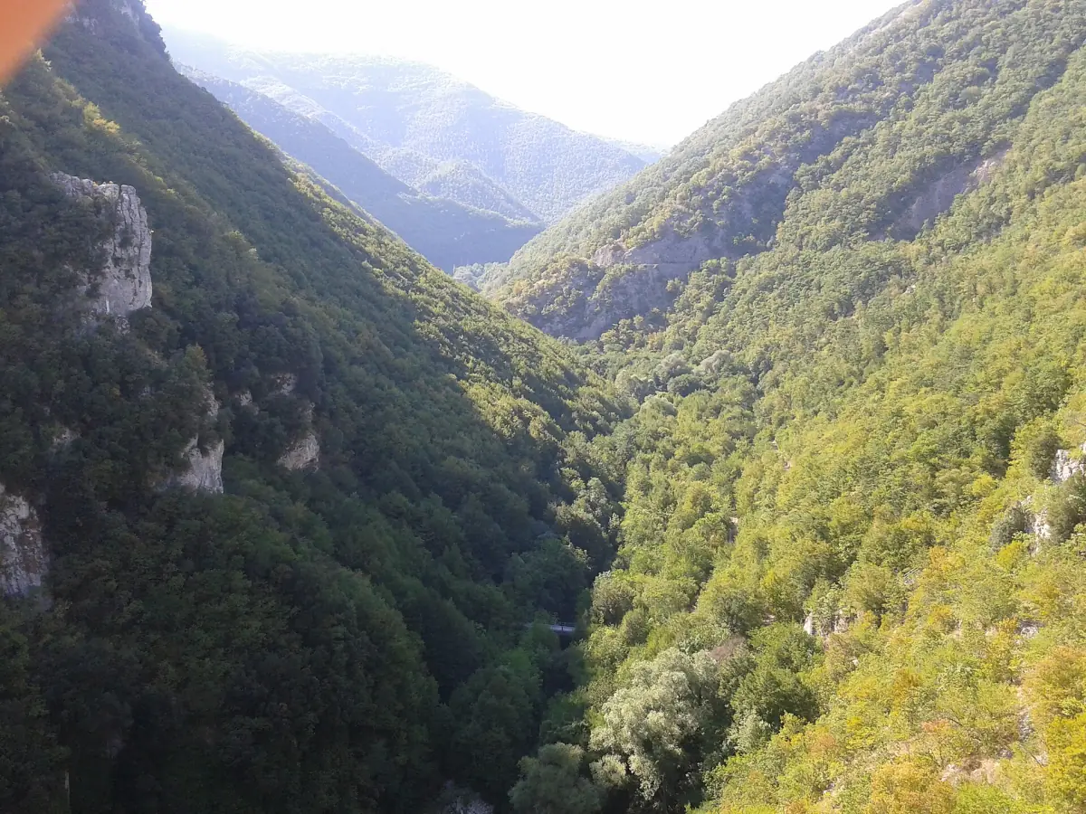 Ripida gola boscosa nella Valle del Salto con pareti di roccia